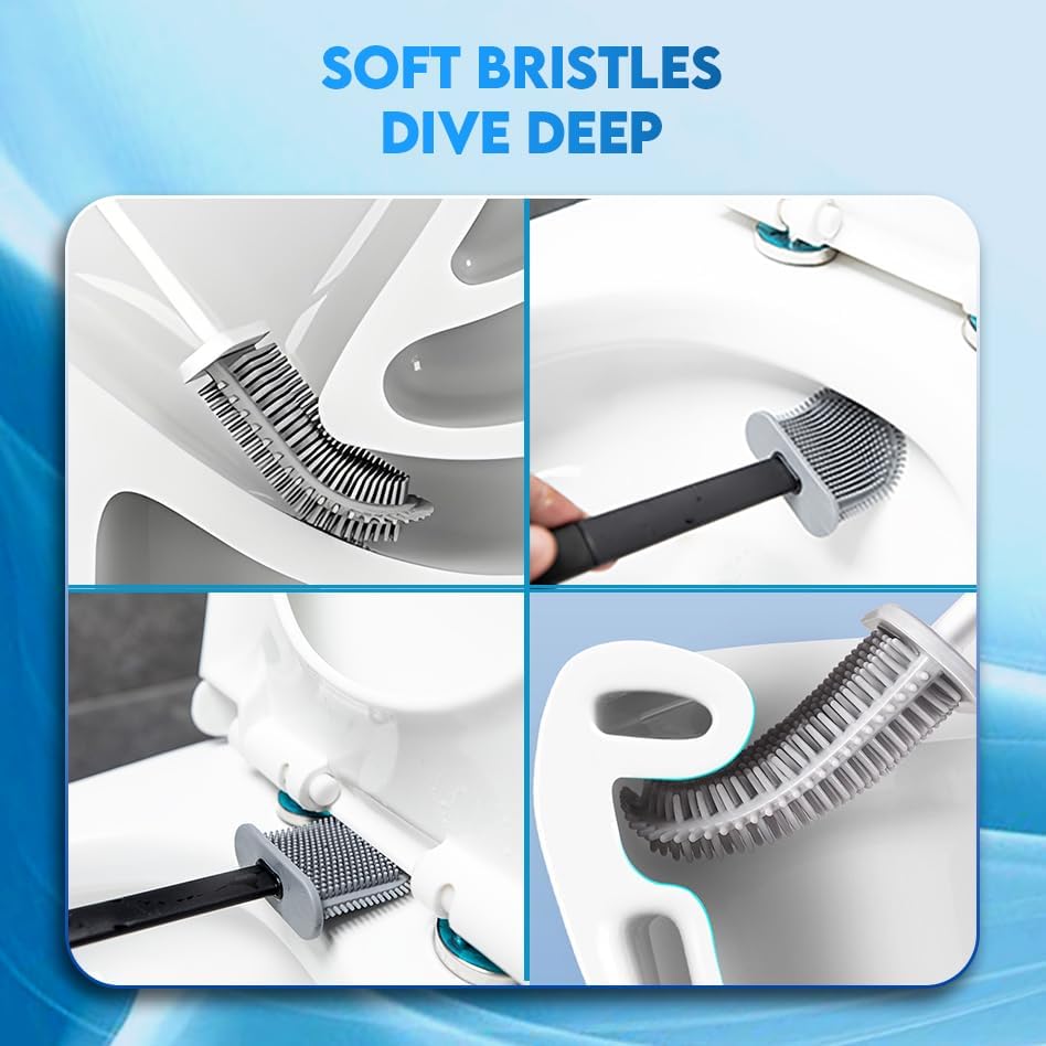 Modern Minimalist Silicone Black Toilet Brush with Holder - Pack of 2 Toilet Bowl Brush Set - Self-Cleaning & Splash-Free, Easy-Rinse Design with Wall Mounted Holder Bathroom Accessory.