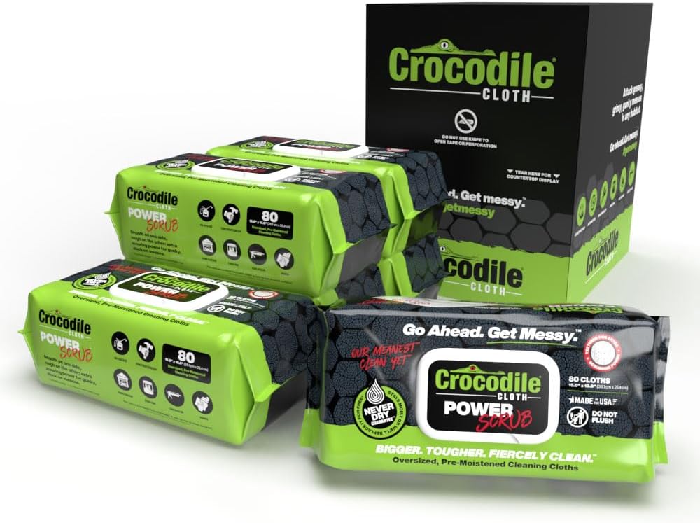 Crocodile Cloth PowerSCRUB Cleaning Wipes – 80 (15" x 10") Dual-Surface Cloths, Heavy-Duty, Moist, Absorbent, & Disposable - Safe on Skin & Multiple Surfaces