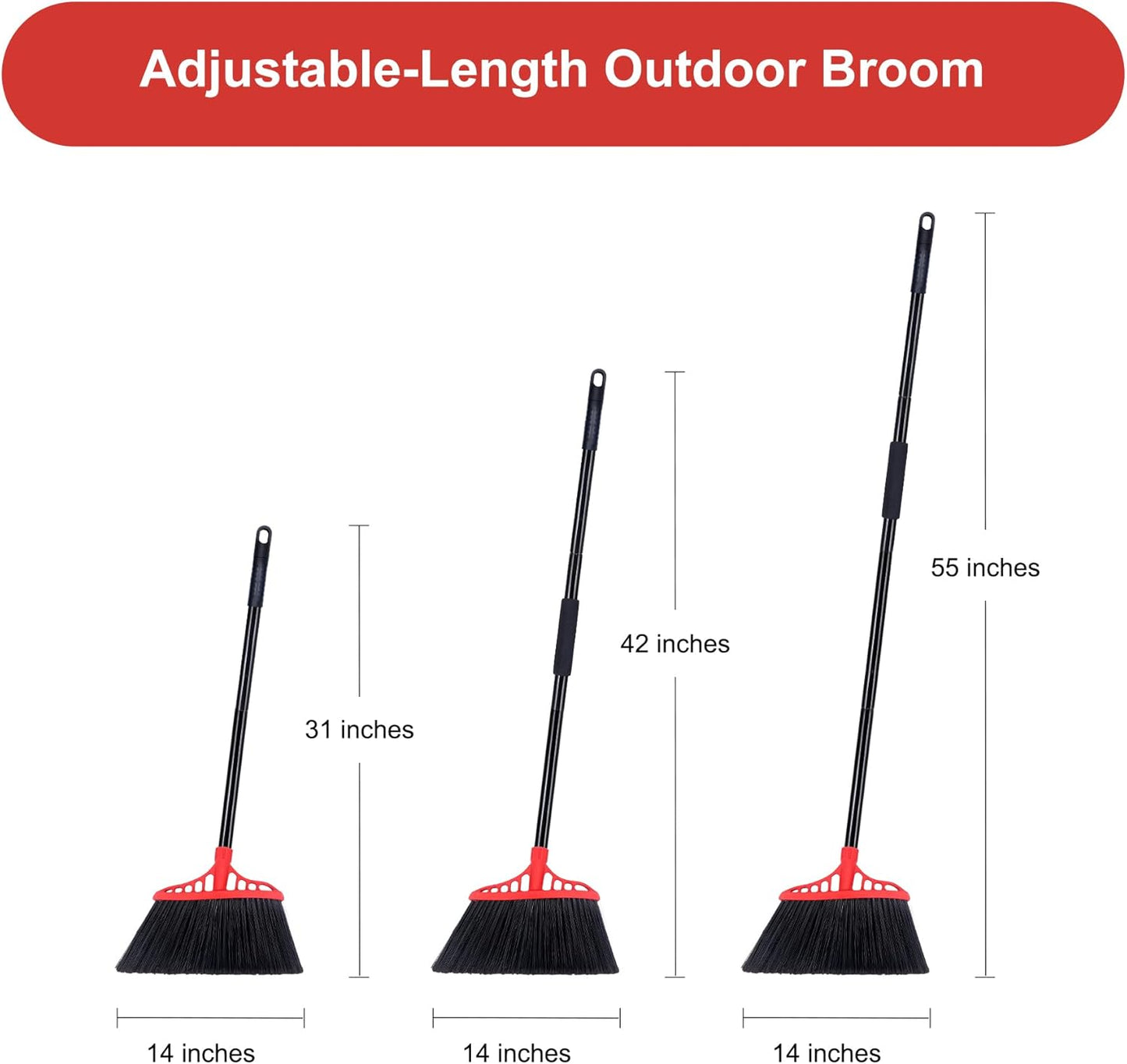 Tiumso 3-Pack Heavy Duty Broom, Commercial Broom with 55" Long Handle Outdoor Indoor, Industrial Brooms for Sweeping Garage Concrete Courtyard Patio Home Kitchen Office - All Black
