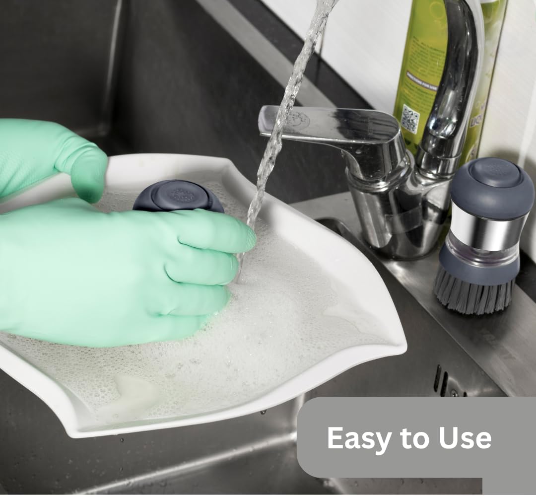 Stainless Steel Soap Dispensing Palm Brush for Pans & General Kitchen Dish Scrub | Grey Bristles | Dishwasher Safe