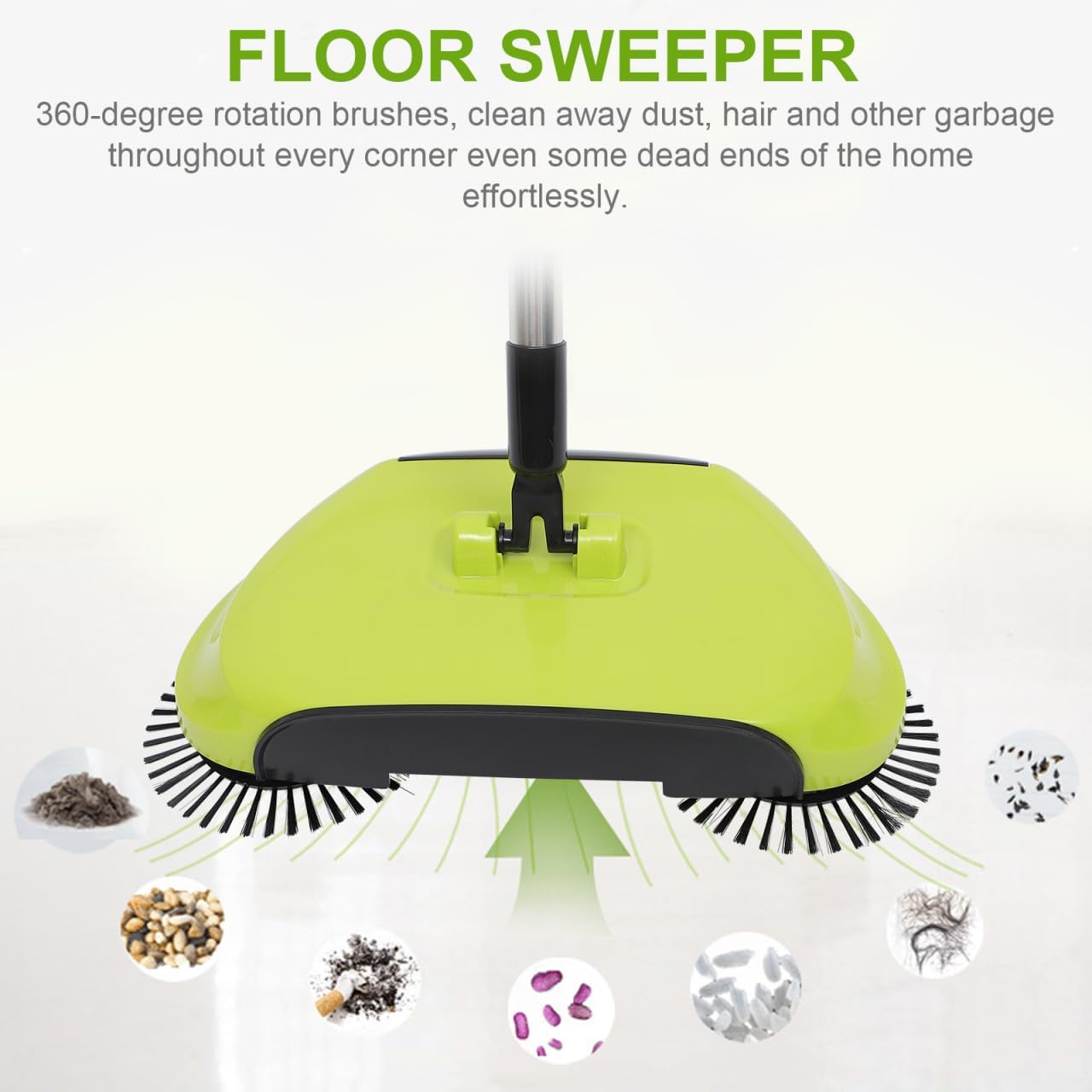Manual Push Floor Sweeper Broom, Hand Push Sweeper with Enclosed Dustpan Bin, 3‑in‑1 360° Rotating Floor Cleaning Brush Mop Machine Adjustable Handle Vacuum‑Free for Tile Hardwood Carpet Green