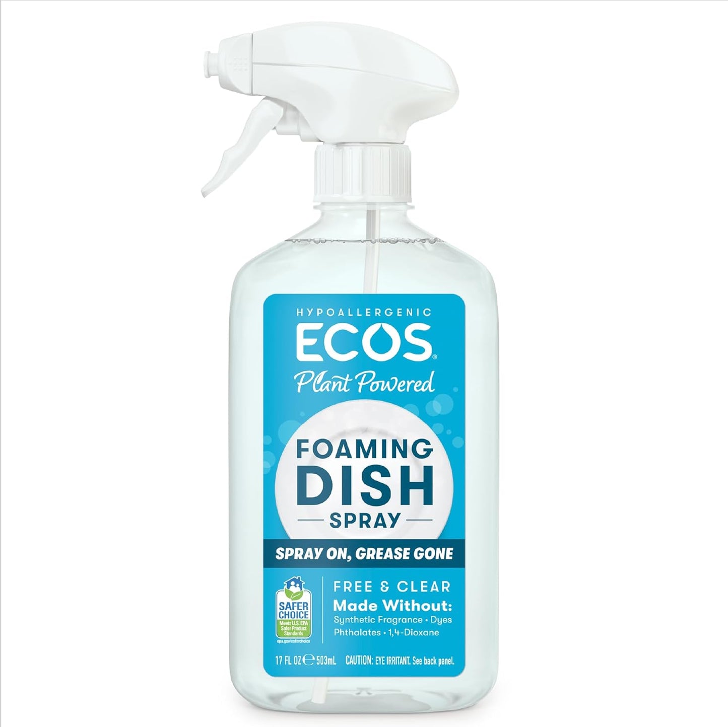 ECOS Foaming Dish Soap, Powerful Spray-On Formula, Saves Water, Wipe & Rinse Dish Cleaner - Hypoallergenic - Free & Clear, 17 Fl Oz (Pack of 4)