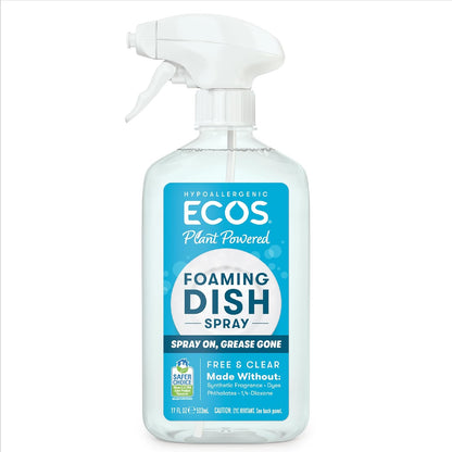 ECOS Foaming Dish Soap, Powerful Spray-On Formula, Saves Water, Wipe & Rinse Dish Cleaner - Hypoallergenic - Free & Clear, 17 Fl Oz (Pack of 4)