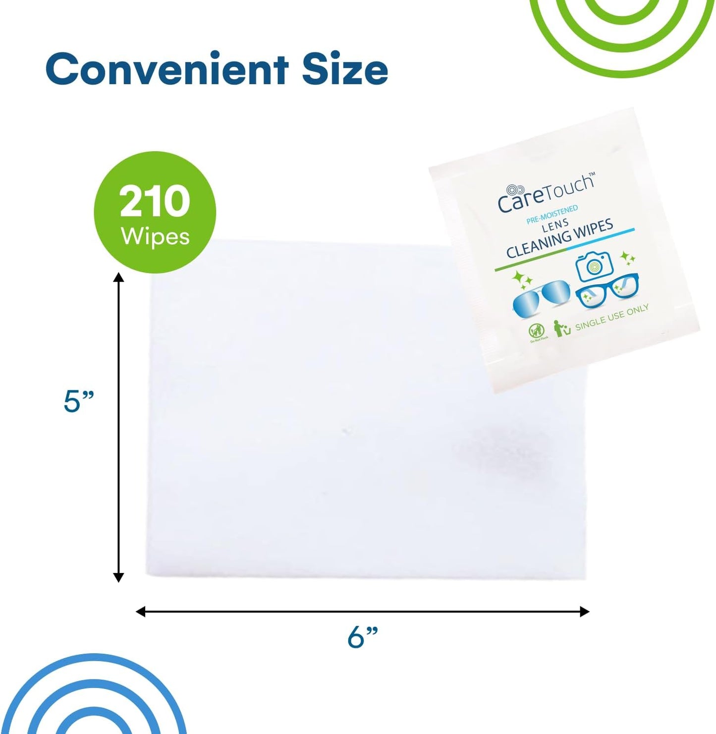 Care Touch Lens Wipes for Eyeglasses- 100 Count Individually Wrapped Pre- Moistened Wipes, 5 x 6 Inch- Camera Lens, Sunglasses and Glasses Cleaner,- Gentle and Portable for Cleaning of Optical Devices