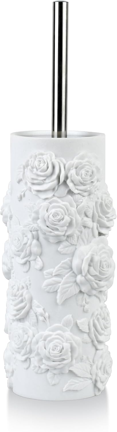 White Floral Branches Design Resin Toilet Bowl Brush and Holder Set, Elegant Bathroom Cleaning Tool with Durable Bristles, Compact and Functional
