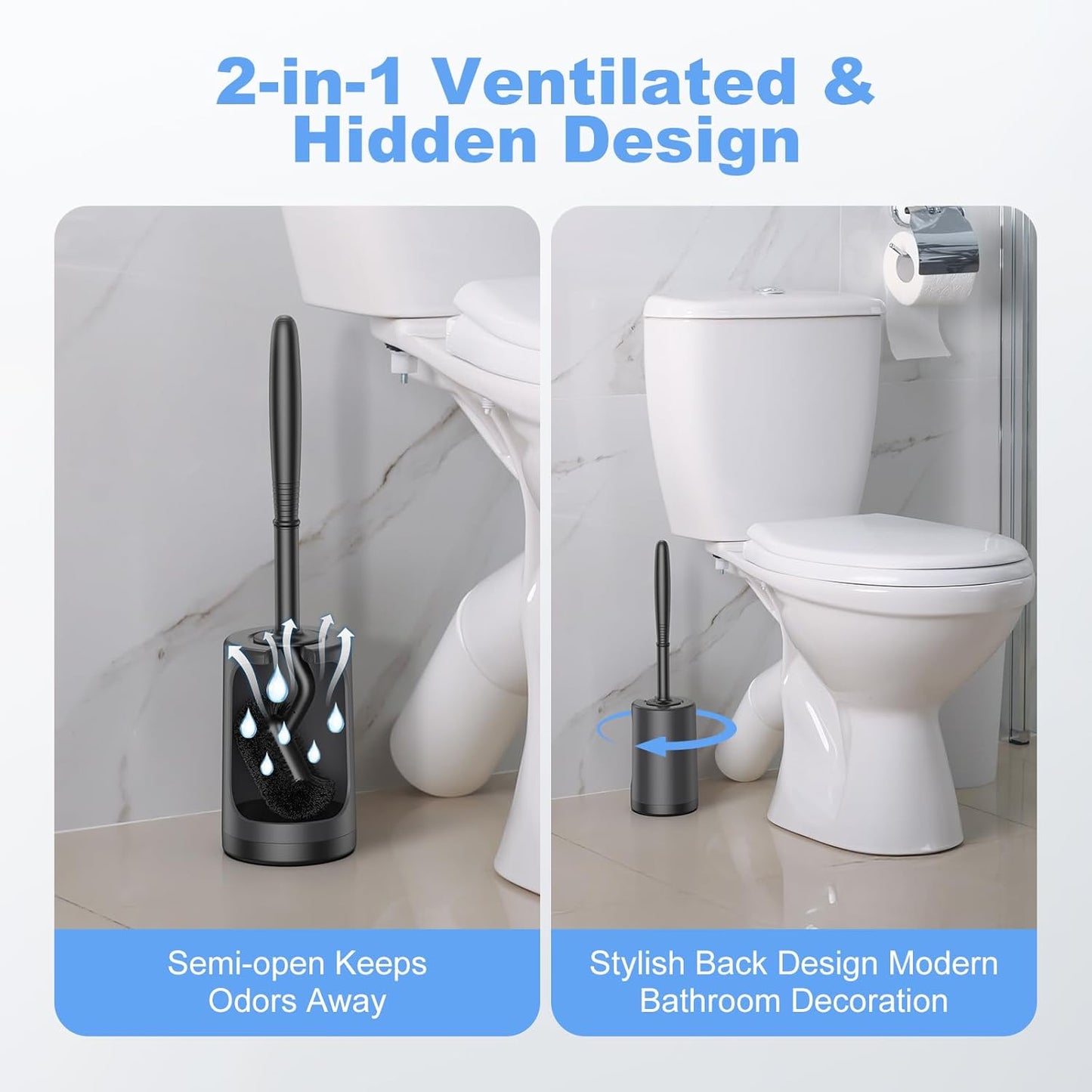HAMITOR Toilet Bowl Brush Holder Set: Curved Design with Holder for Deep Cleaning Under Rim - Compact Hidden Scrubber for Small Space - Modern RV Bathroom Accessories - White 1 Pack