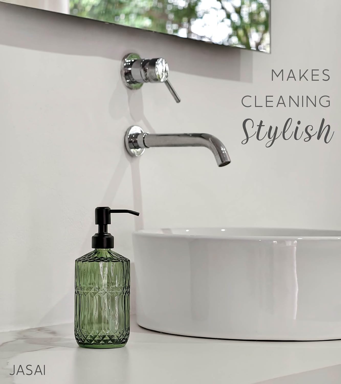 JASAI 2Pack 18Oz Green Glass Soap Dispenser with Gold Rust Proof Pump, Refillable Dish Soap Dispenser for Kitchen, Bathroom Soap Dispenser for Hand soap, Lotion, Body Wash, Dish Soap.