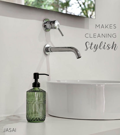 JASAI 2Pack 18Oz Green Glass Soap Dispenser with Gold Rust Proof Pump, Refillable Dish Soap Dispenser for Kitchen, Bathroom Soap Dispenser for Hand soap, Lotion, Body Wash, Dish Soap.
