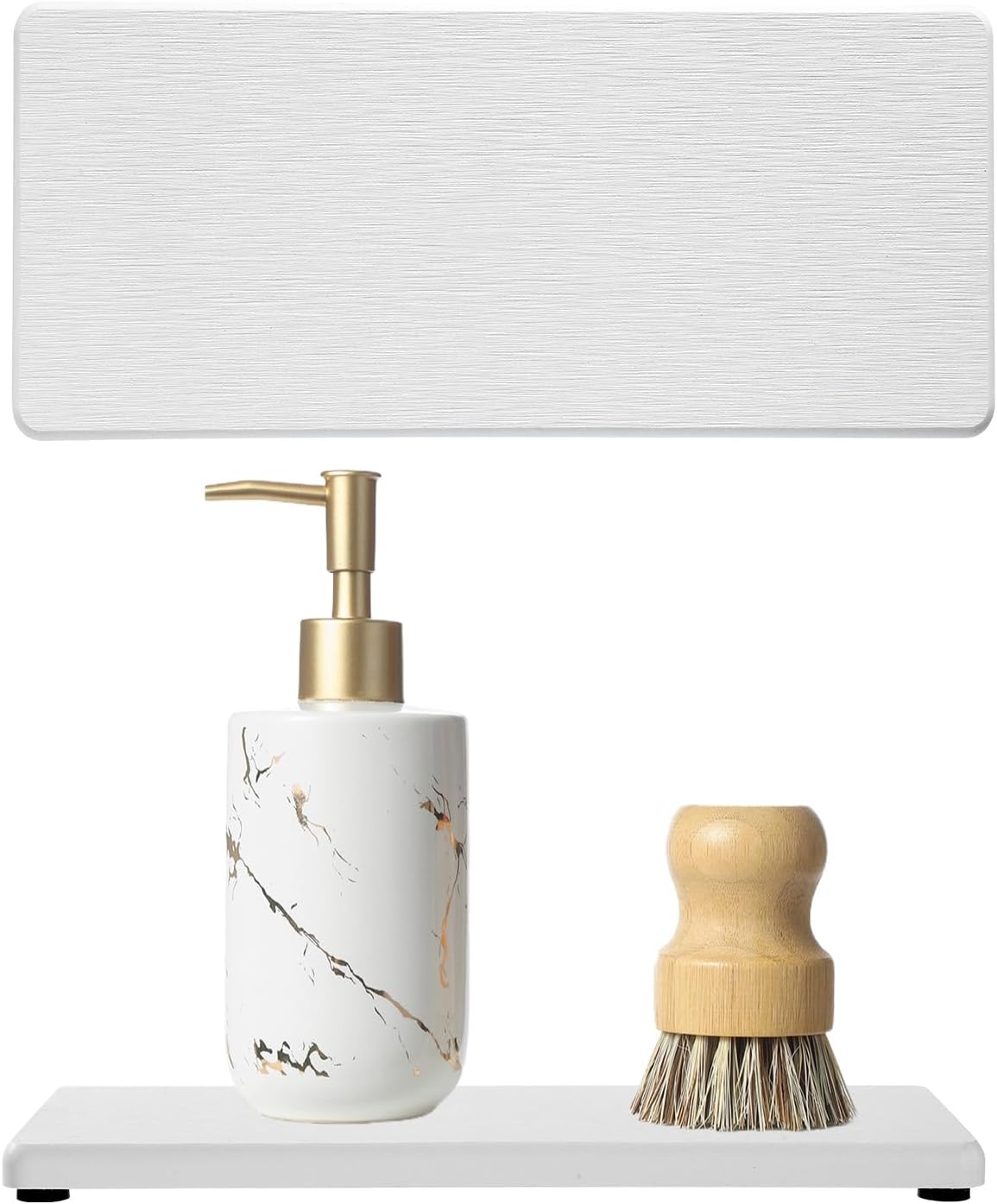 2PCS Water Absorbing Stone Drying Tray for Kitchen Counter & Bathroom Sink, Diatomite Faucet Splash Guard, Soap Dispenser Rack & Sponge Holder Caddy Organizer, Marble White (Printed Pattern), 9"x 3.5"