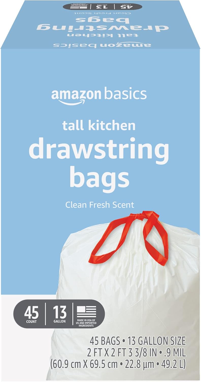 Amazon Basics Scented Trash Bags, Tall Kitchen Drawstring, Clean Fresh Scent, 13 Gallon, 200 Count, Pack of 1