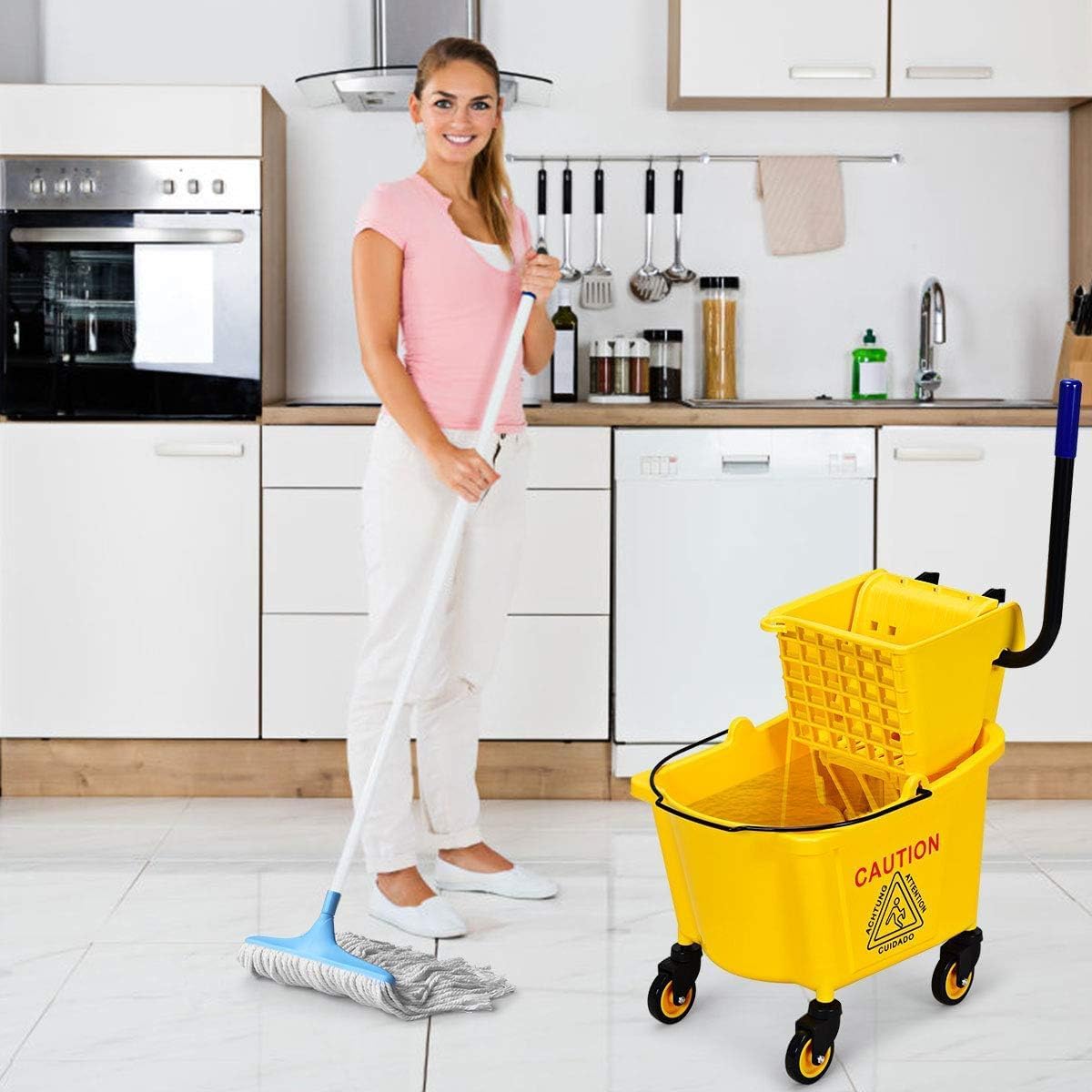 Mop Bucket, Commercial Bucket for Mopping on Wheels with Potable Handle, Mop Bucket with Wringer for Home, Household, Office, Bathroom, Yellow (25 Quarts)