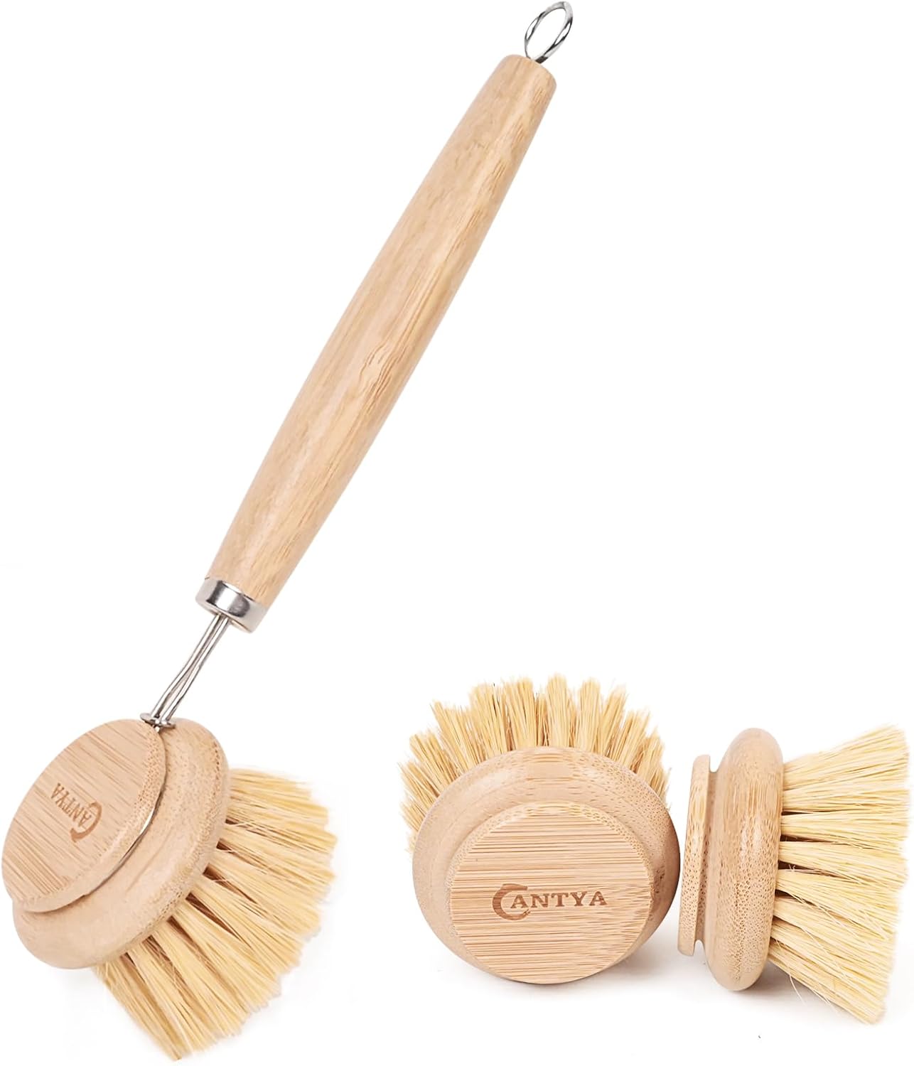 Bamboo Dish Brush with Handle - Soft Bristle, Non Toxic Dish Scrubber Compostable & Sustainable Bamboo Scrub Brush for Dishes, Pots and Pans