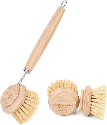 Bamboo Dish Brush with Handle - Soft Bristle, Non Toxic Dish Scrubber Compostable & Sustainable Bamboo Scrub Brush for Dishes, Pots and Pans