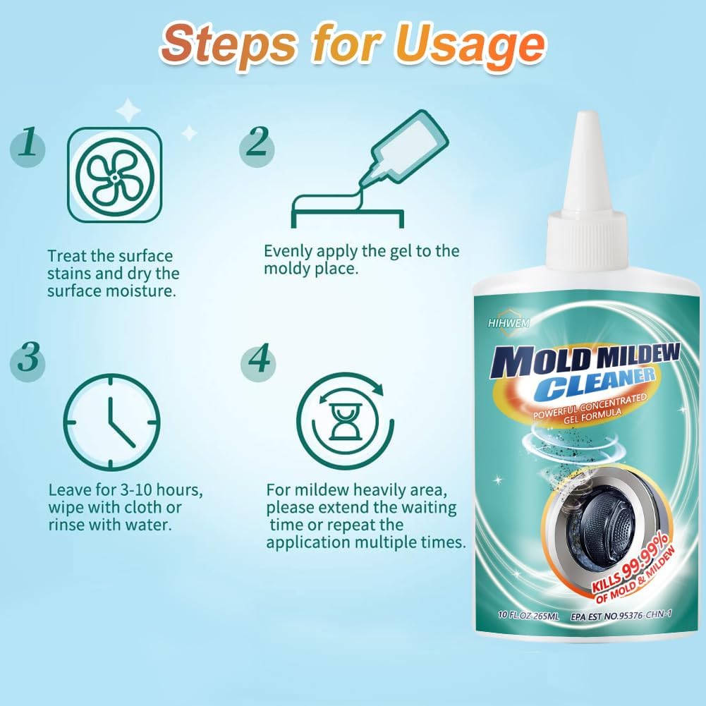 HIHWEM MoldStain Remover Gel, Washing Machine Seal Cleaner for Front Load Washer, Tiles Grout Cleaner Bathroom Cleaning Home Kitchen Sinks Caulk Cleaning, 10 Oz