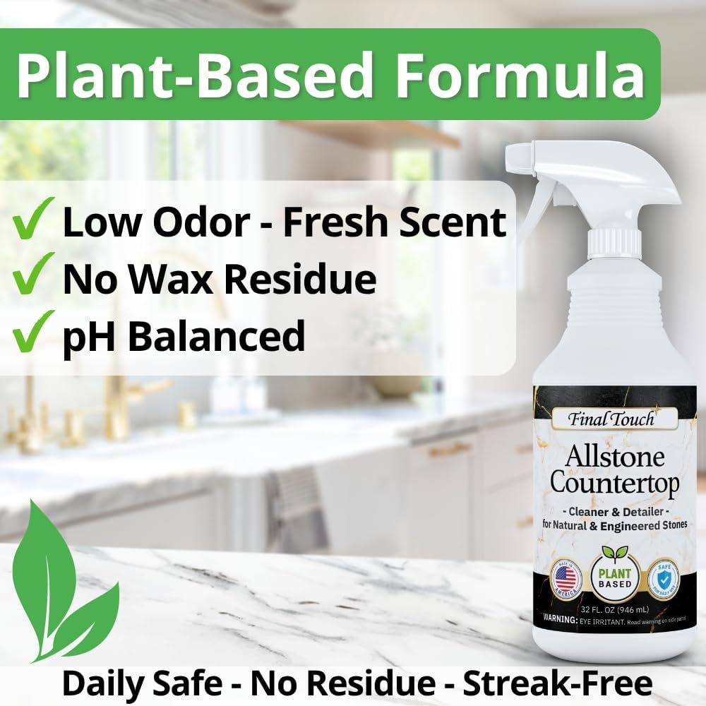 Final Touch AllStone Countertop Cleaner – Plant-Based Stone Safe Cleaning Spray with Scrub Brush – Daily Use Cleaner for Granite, Quartz, Marble, Kitchen Counters – Streak-Free Detail Clean