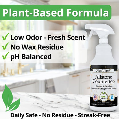 Final Touch AllStone Countertop Cleaner – Plant-Based Stone Safe Cleaning Spray with Scrub Brush – Daily Use Cleaner for Granite, Quartz, Marble, Kitchen Counters – Streak-Free Detail Clean
