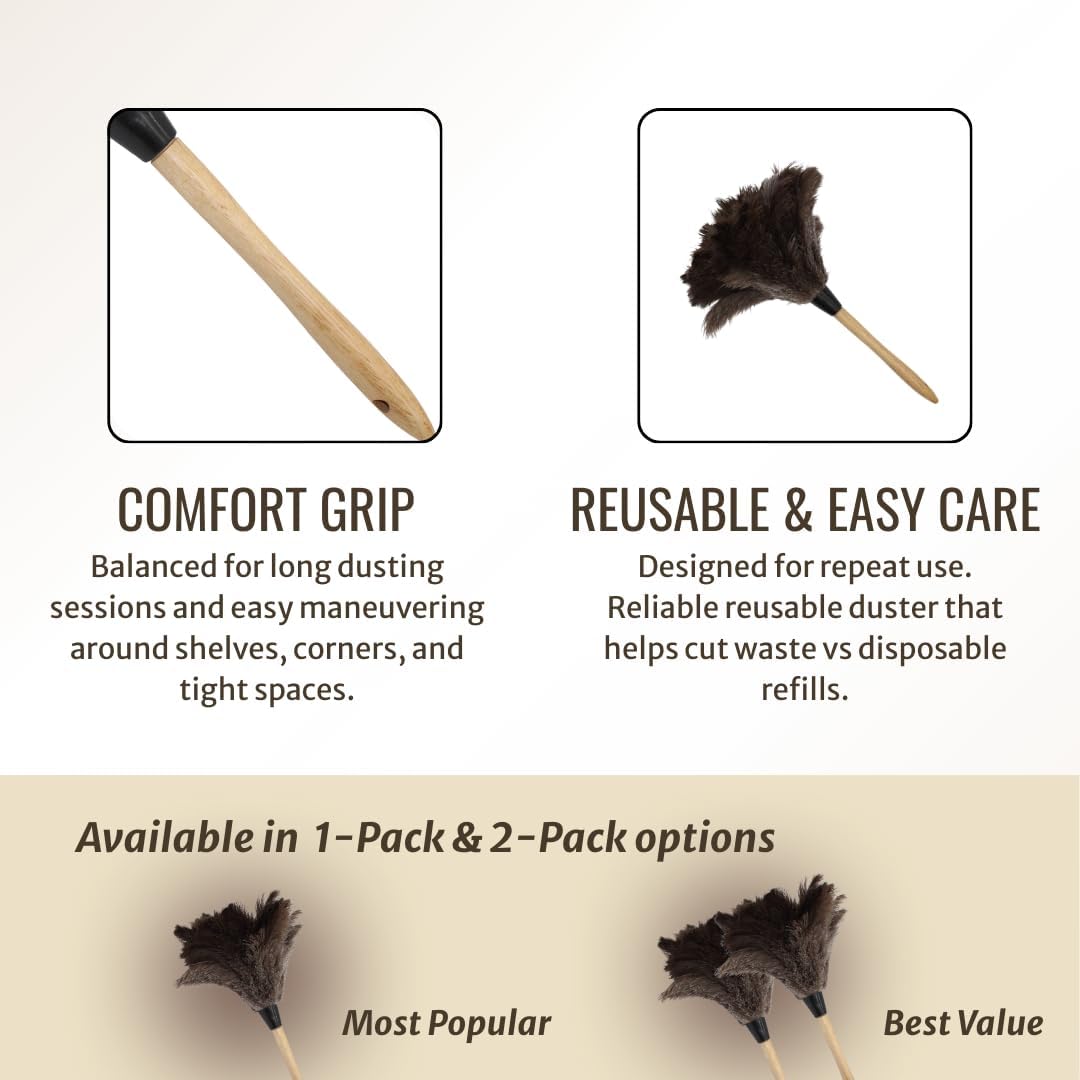 Retractable Feather Duster 8-14 in Adjustable - Natural Feather Dusters for Cleaning Ceiling Fans, Blinds, Plantation Shutters, Walls & Furniture - Quality Checked in USA - 1 Pack