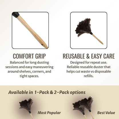 Retractable Feather Duster 8-14 in Adjustable - Natural Feather Dusters for Cleaning Ceiling Fans, Blinds, Plantation Shutters, Walls & Furniture - Quality Checked in USA - 1 Pack