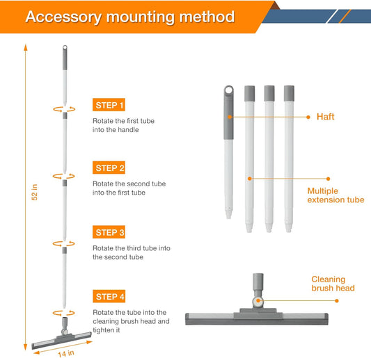 Floor Squeegee for Concrete Floor, Squeegee Broom, Magic Air Broom with 52'' Long Handle and 20'' Rubber Rotating Head for Shower Glass Doors, Bathroom Tile, Pet Hair, Window and Glass