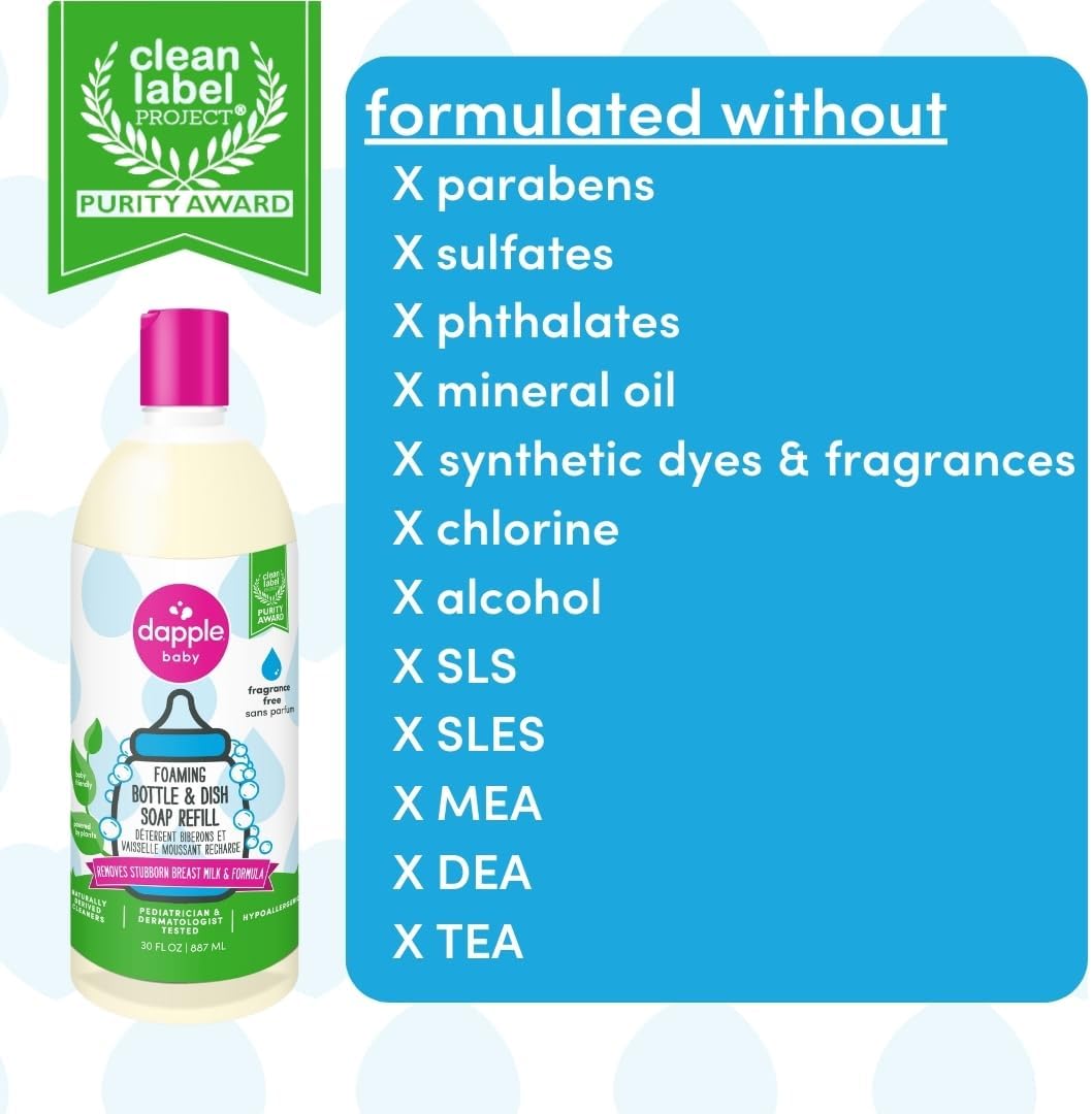 Dapple Baby Fragrance-Free Foaming Baby Bottle & Dish Soap - 13 fl oz - Cleans Bottles, Sippy Cups, Pacifiers, Breast Pumps, & More - Gently Removes Milk Film & Odors - Fragrance Free