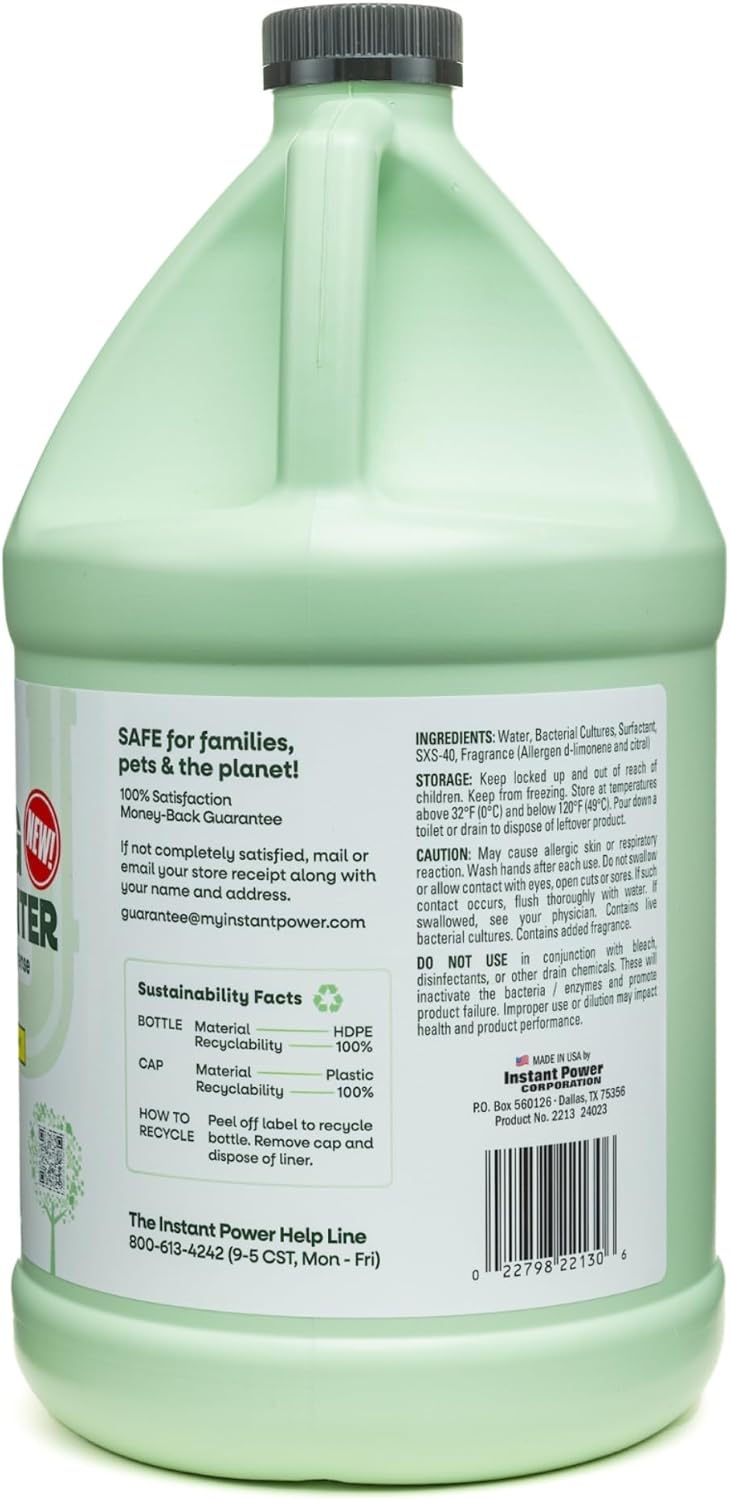 Instant Power Eco Clog Preventer - Enzyme Drain Cleaner Liquid and Deodorizer for Sink, Shower, Toilet, Garbage Disposal Cleaner, Bio-Based Drain Defense, Smell Remover and Odor Eliminator - 32 fl oz