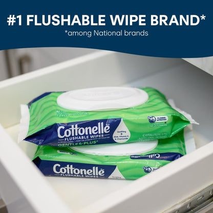 Cottonelle Fragrance Free Flushable Wet Wipes, Adult Wet Wipes, 2 Flip-Top Packs, 42 Wipes Per Pack