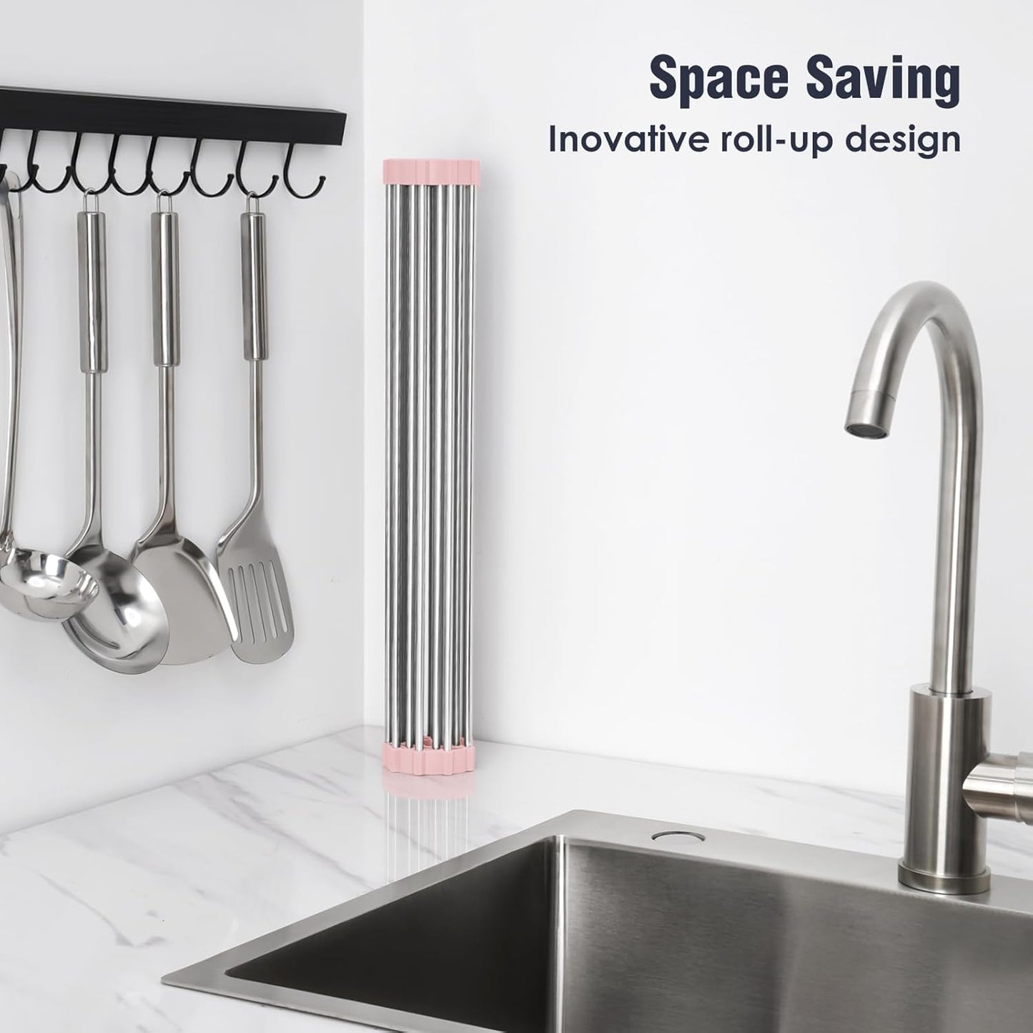 Tomorotec 17.7" x 15.5" Roll Up Dish Drying Rack Over Sink Drying Rack Sink Cover Kitchen Sink Accessories Gadget Multipurpose Organizer Foldable Stainless Steel Drainer (Grey)
