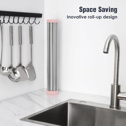 Tomorotec 17.7" x 15.5" Roll Up Dish Drying Rack Over Sink Drying Rack Sink Cover Kitchen Sink Accessories Gadget Multipurpose Organizer Foldable Stainless Steel Drainer (Grey)