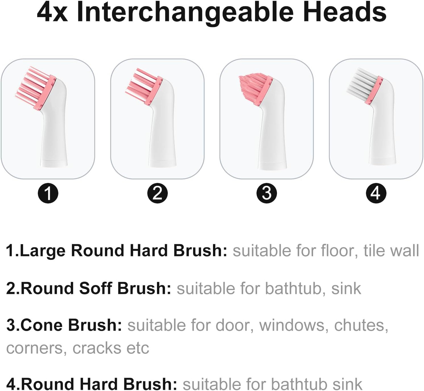 Electric Brush with 4-in-1 Multiple Brush Heads, Cordless Motorized Cleaning Brush for Bathroom, Toilet, Kitchen, Tile, Crevice