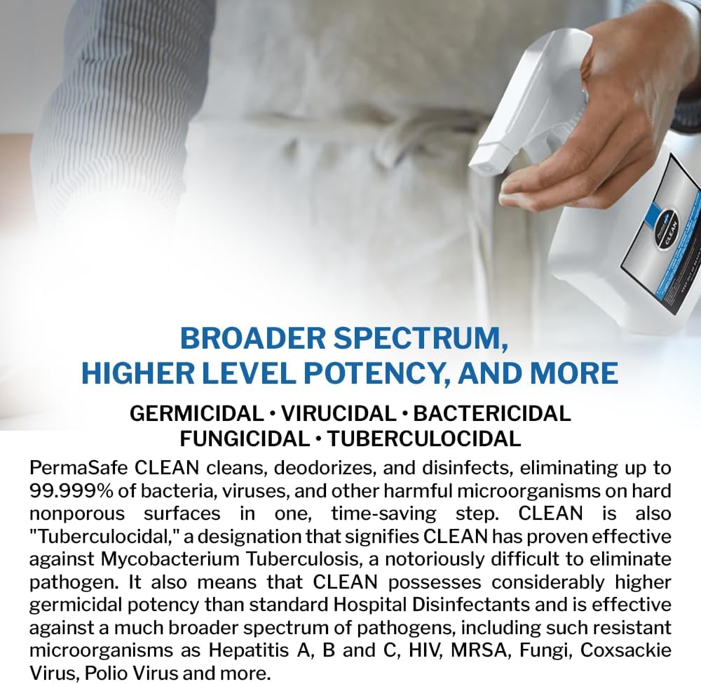 PermaSafe CLEAN 1-Step Disinfectant, Deodorizer & All-Purpose Cleaner; Soft, Hard & Food Surface Sanitizer; Kills 99.9% of Bacteria, Viruses, Molds - Child, Pet, Planet & All Surface Safe (32oz)