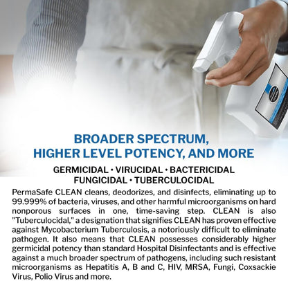 PermaSafe CLEAN 1-Step Disinfectant, Deodorizer & All-Purpose Cleaner; Soft, Hard & Food Surface Sanitizer; Kills 99.9% of Bacteria, Viruses, Molds - Child, Pet, Planet & All Surface Safe (32oz)