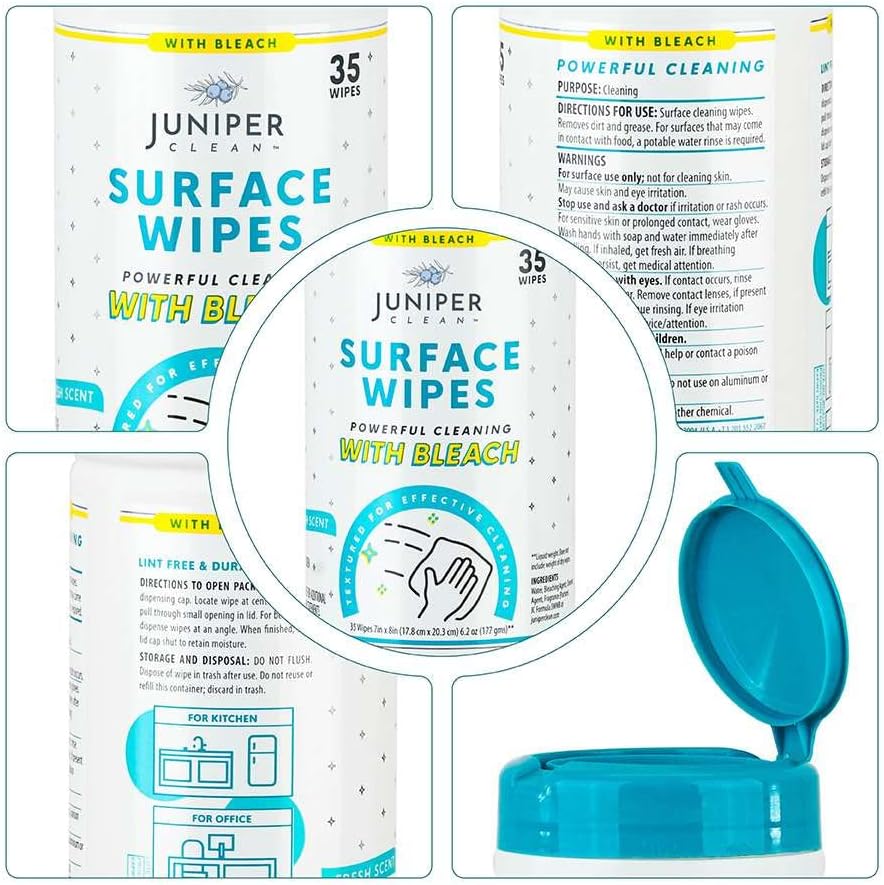Juniper CLEAN 3 Pack Surface Cleaning Wipes with Bleach, All-Purpose Cleaner for Bathroom, Kitchen, Office, 216 Count Soft Flow, Fresh Scent, Lint Free & Durable