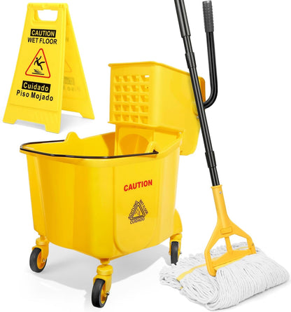 38 Qt Commercial Bucket with Side Press Wringer on Wheels, Yellow Industrial Set for Floor Cleaning, Including 1 Industrial Mop and Wet Floor Caution Sign, Beyoco