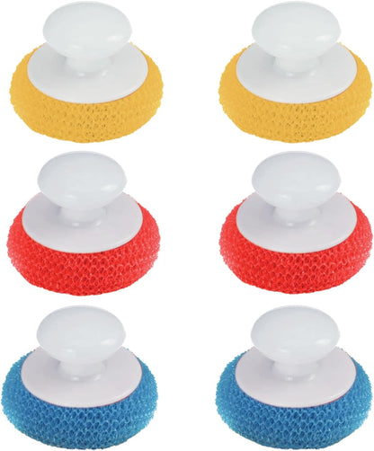 LOLA Plastic Mesh Scouring Pads - 3 Pack, 3.375" x 1.25", Non-Scratch Dish Scrubbers to Clean Dishes, Assorted Colors - Red, Blue & Yellow