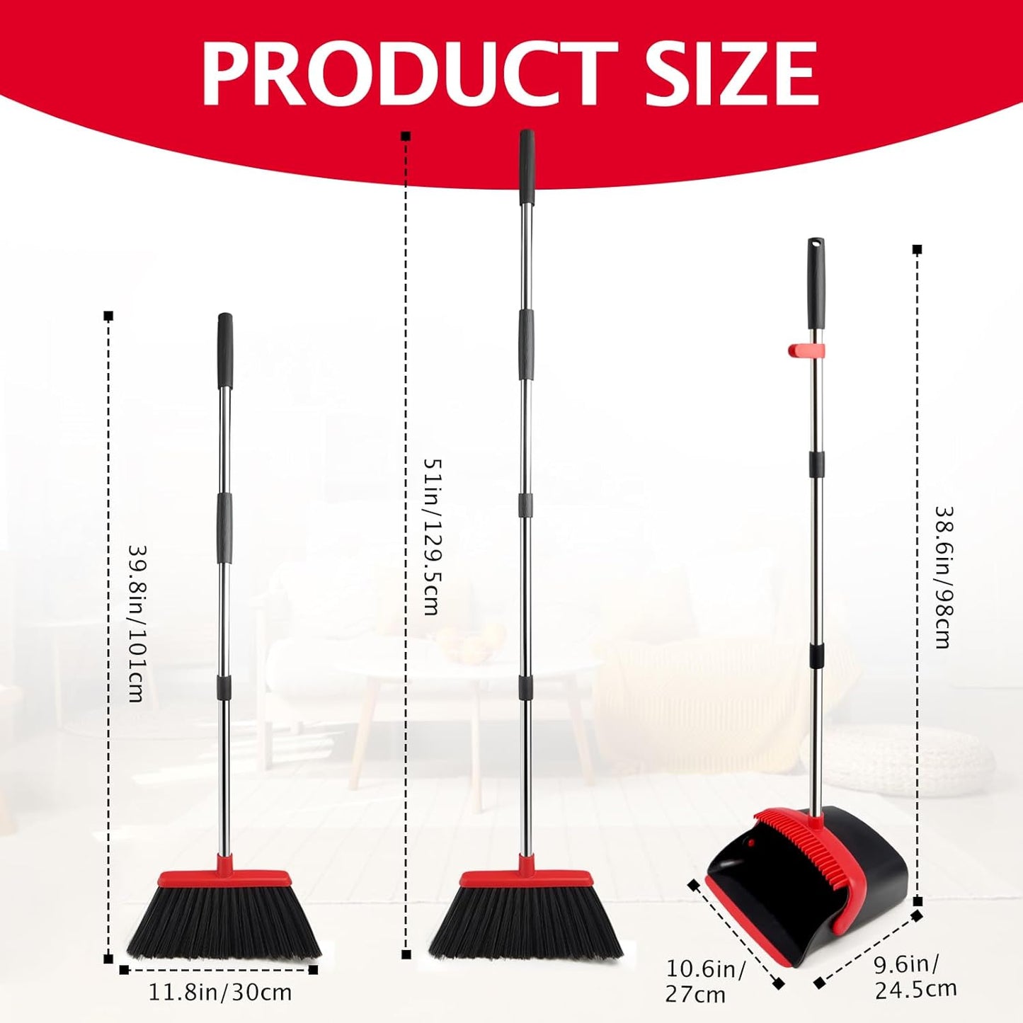 Broom and Dustpan Set, Long Handle Lightweight Dustpans with Broom Combo for Home, Indoor&Outdoor Sweeping for Home Room Kitchen Office Lobby (Charcoal)