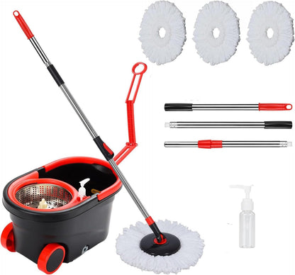 Spin Mop and Bucket with Wringer Set,for Floor Cleaning,with Floor Scrub Brush,61" Adjustable Handle and 6 Microfiber Mop Head(White)