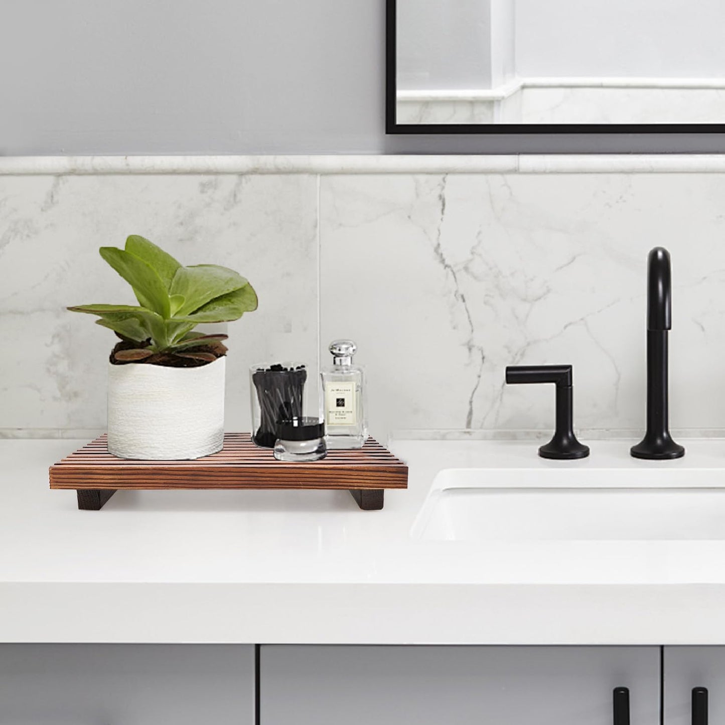 Renawe Small Kitchen Sink Soap Tray for Counter Soap Dish Dispenser Holder Wooden Risers Stand for Bathroom Decor Farmhouse Wood Pedestal Kitchen Accessories Countertop Vanity Counter Decorative Tray