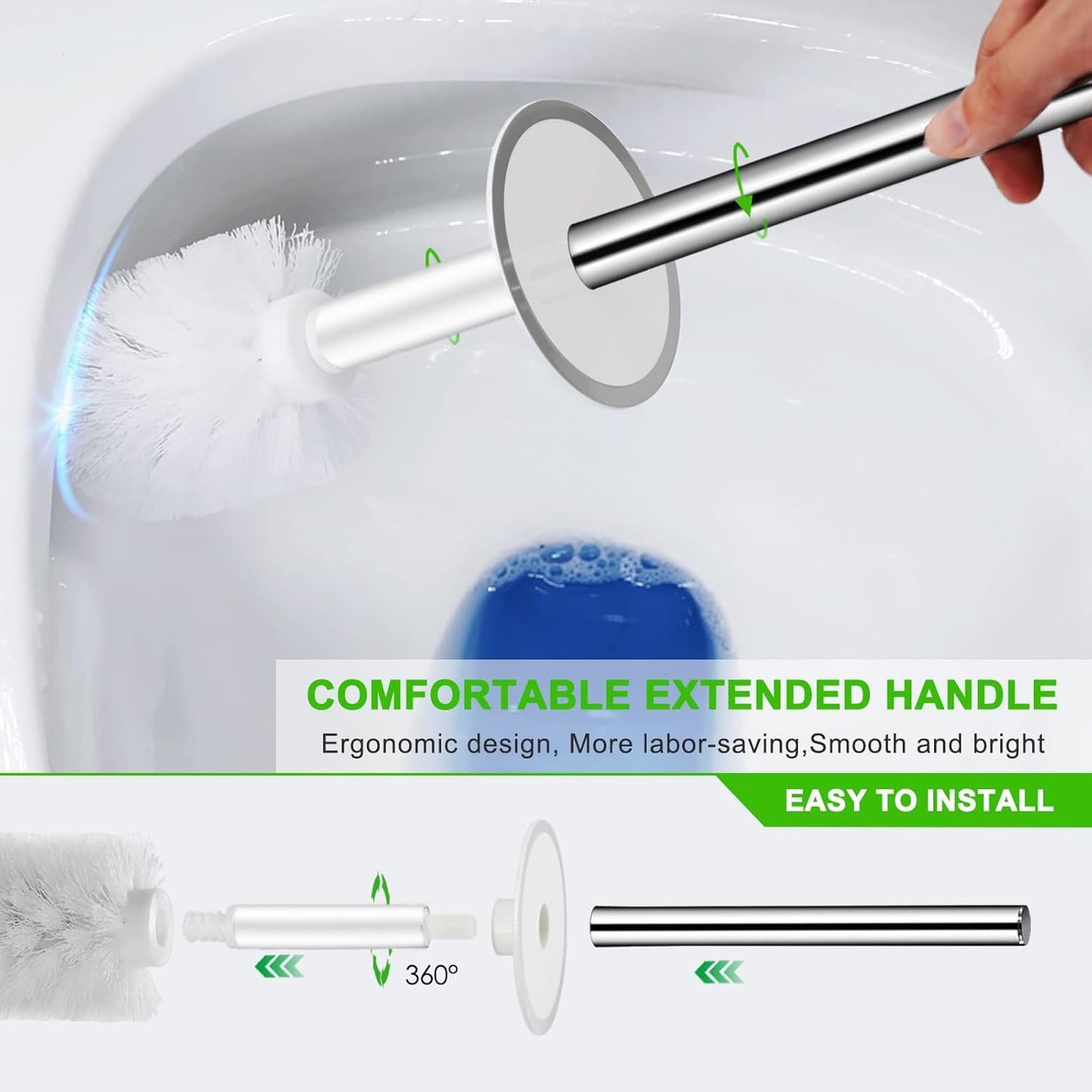 Toilet Brush and Holder Set, Compact Toilet Bowl Brush with Stainless Steel Handle, Hard Bristles, Drip-Proof, Easy to Assemble, Deep Cleaning White