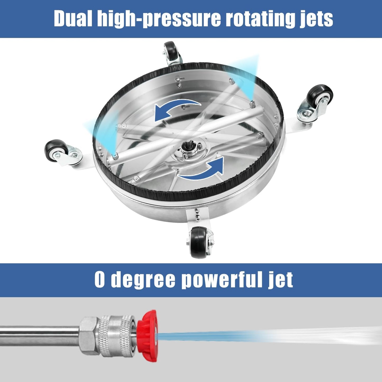 JANZ 18" Pressure Washer Surface Cleaner with 4 Wheels,1/4" Quick Plug,Stainless Steel Housing,2 Extension Wand Attachments, 3 Spray Nozzles and 2 Replacement Nozzles, 4000 PSI