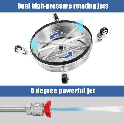 JANZ 18" Pressure Washer Surface Cleaner with 4 Wheels,1/4" Quick Plug,Stainless Steel Housing,2 Extension Wand Attachments, 3 Spray Nozzles and 2 Replacement Nozzles, 4000 PSI