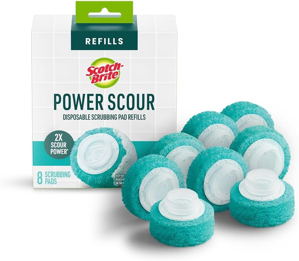 Scotch-Brite Power Scour Toilet Cleaning System, Toilet Bowl Cleaner with Disposable Scrub Pad Tablets, Includes 1 Wand, Stand and 5 Scrubbing Pad Refills