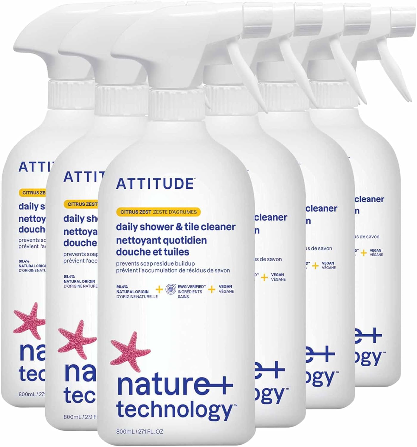 ATTITUDE Shower & Tile Cleaner Spray, EWG Verified, Bathroom Cleaner Removes Soap Scum & Grime, Plant-Based & Vegan, Citrus Zest Scent, 27.1 Fl Oz