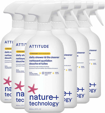 ATTITUDE Shower & Tile Cleaner Spray, EWG Verified, Bathroom Cleaner Removes Soap Scum & Grime, Plant-Based & Vegan, Citrus Zest Scent, 27.1 Fl Oz