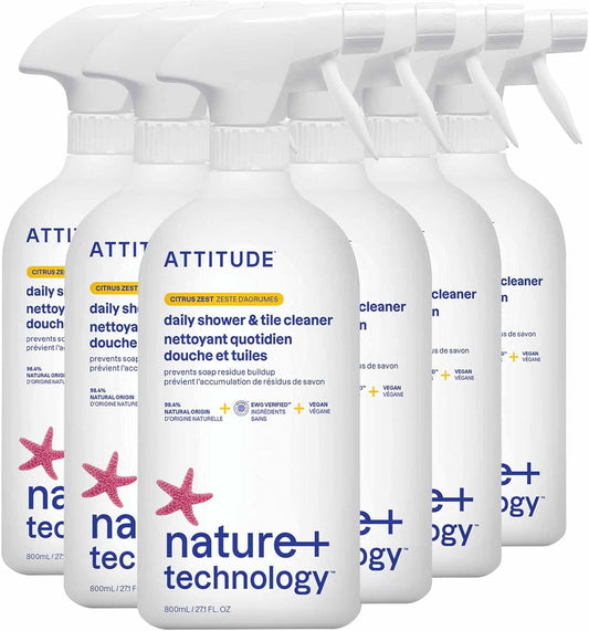ATTITUDE Shower & Tile Cleaner Spray, EWG Verified, Bathroom Cleaner Removes Soap Scum & Grime, Plant-Based & Vegan, Citrus Zest Scent, 27.1 Fl Oz