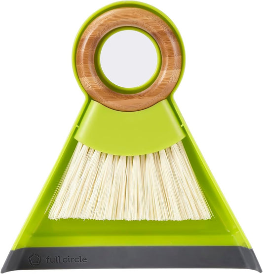 Full Circle Tiny Team Mini Compact Brush & Dustpan Set, Portable Handheld Broom for Quick Cleanups, Ideal for Home, Bathroom, Kitchen Countertops. Bamboo Hand Broom & Small Crumb Sweeper, White