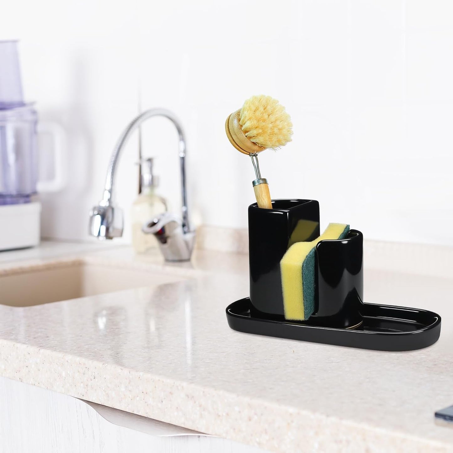 Geelin 3 in 1 Ceramic Kitchen Sink Caddy Dish Sponge Holder Scrub Brush Holder and Soap Tray for Kitchen Organizer White Rustic Farmhouse Supplies(White)