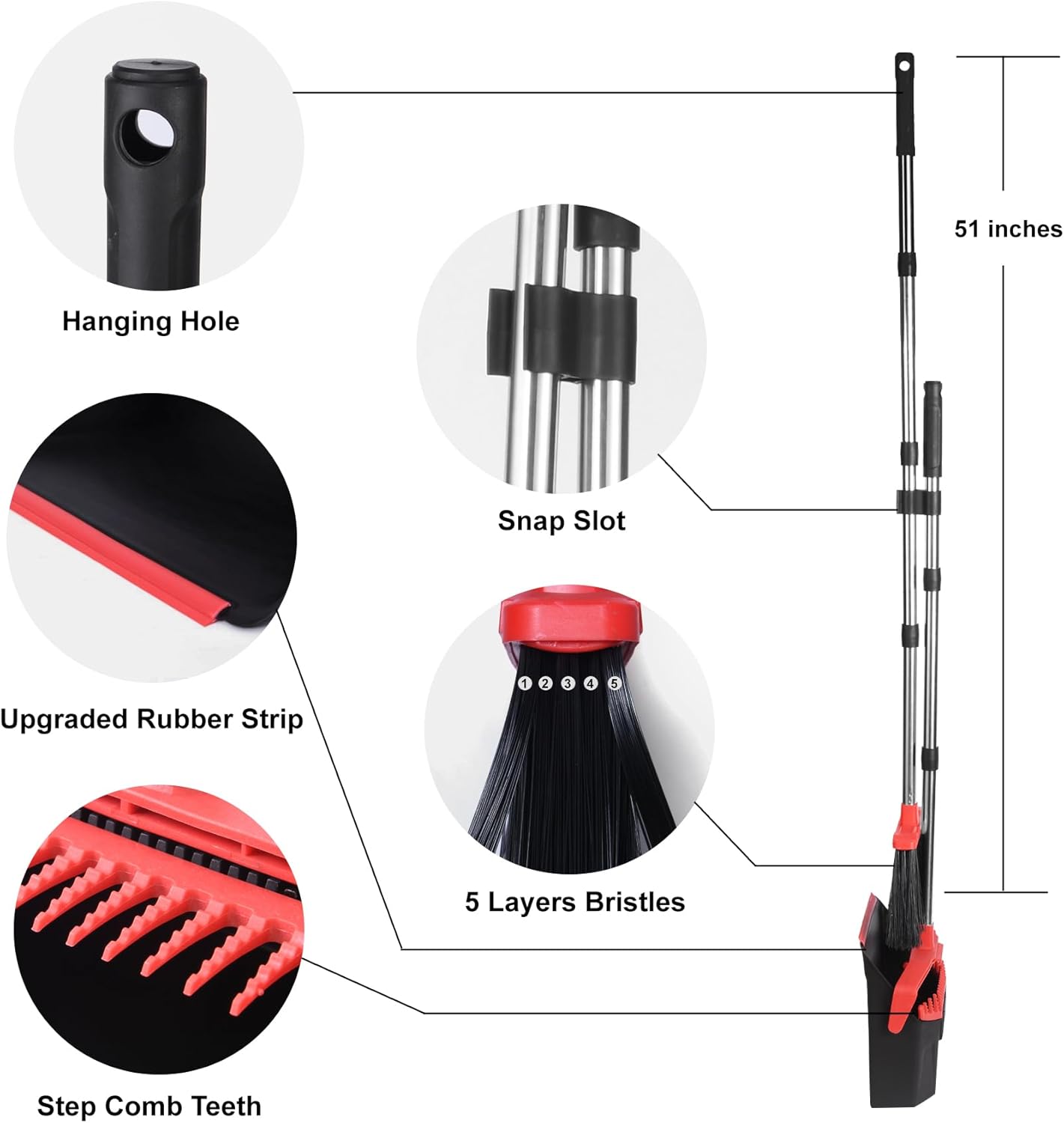 Tiumso 3-Pack Upright Broom with Dustpan Combo Set, Commercial Broom and Dustpan Set, Industrial Brooms and Dust Pan with Long Handle for Restaurant Kitchen Shop Warehouse Lobby Garage - Black