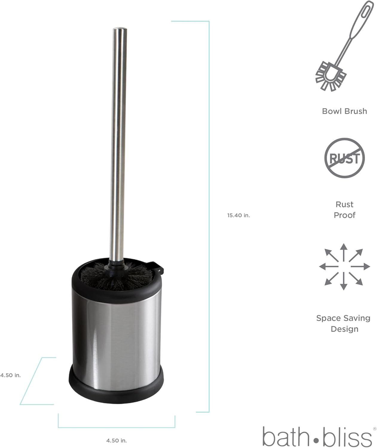 Bath Bliss Toilet Brush and Holder | Self Closing Lid | 360 Degree Brush Head | Bathroom Cleaning | Compact Size | Storage and Organization | Stainless Steel