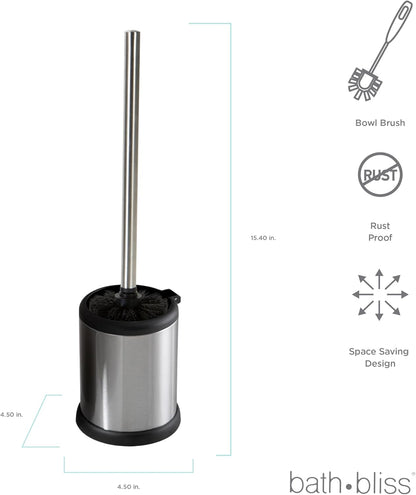 Bath Bliss Toilet Brush and Holder | Self Closing Lid | 360 Degree Brush Head | Bathroom Cleaning | Compact Size | Storage and Organization | Stainless Steel