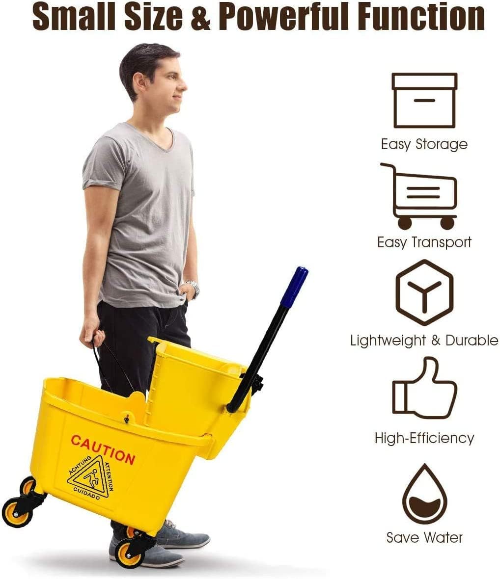 Nightcore Commercial Mop Bucket, All-in-one Tandem Floor Cleaning Wavebrake, Detachable Handle, Side Press Cleaning Wringer Portable Trolley On Wheels for Household, Commercial, 26 Quart Capacity